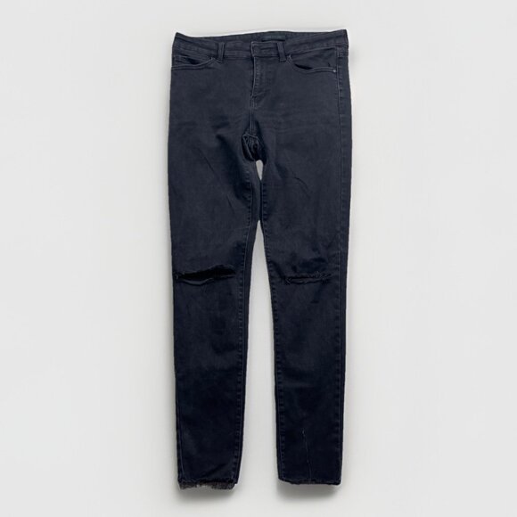 Uniqlo Jeans Mens 28 Black Denim Skinny Stretch Medium Wash Grunge Distressed - Picture 1 of 12